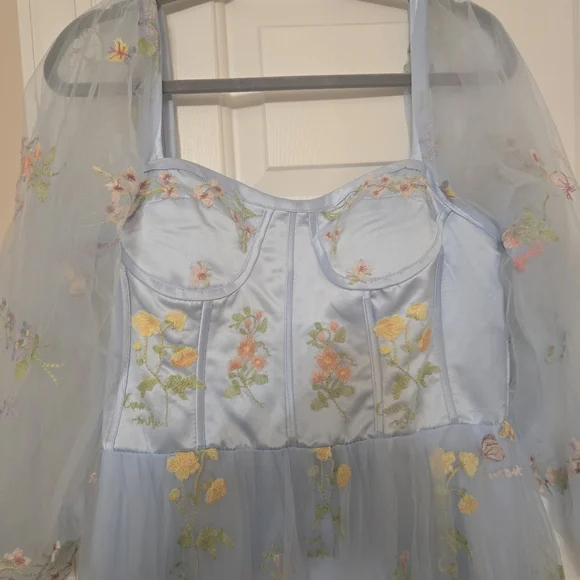 Light Blue Floral Embroidered Maxi Dress - Picture 3 of 7
